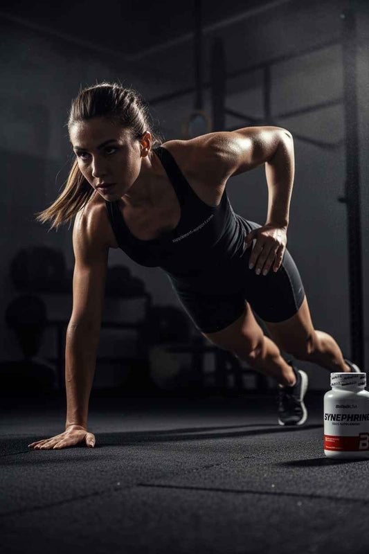 Frau beim Fitness-Training mit Nahrungsergänzungsmittel im Gym – ideal für Sportler und Fitness-Enthusiasten