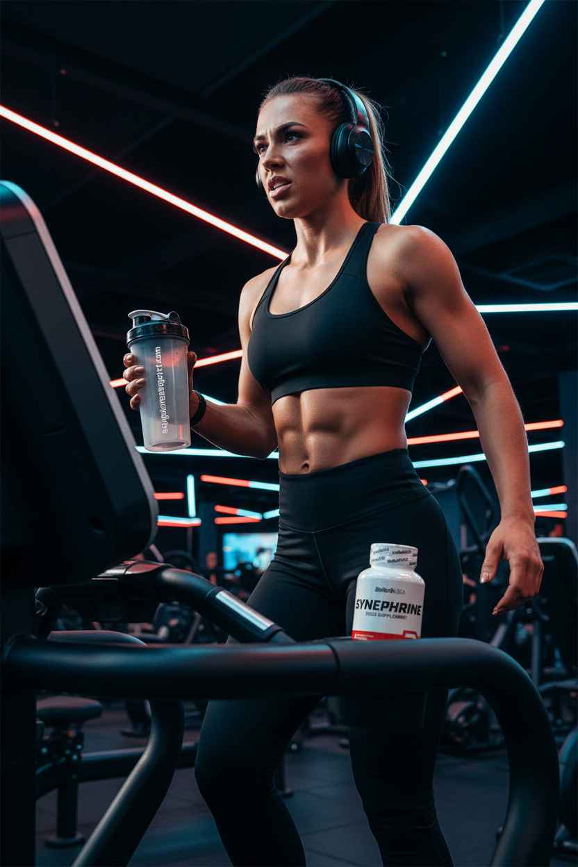 Sportlerin mit Shaker und Synephrine-Booster im Fitnessstudio, ideal für Training und Muskelaufbau