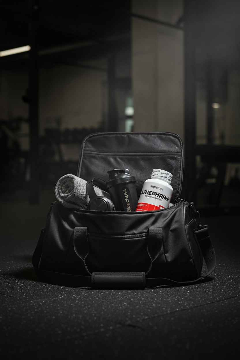 Schwarze Sporttasche mit Synephrin-Tabletten, Shaker und Handtuch im Fitnessstudio