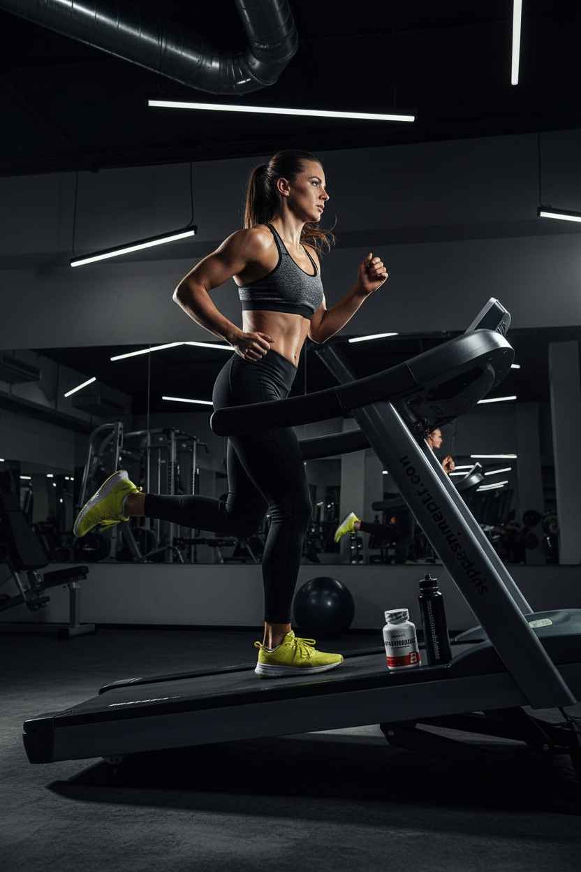 Frau trainiert auf Laufband im Fitnessstudio mit Sportnahrung und Wasserflasche – ideal für Fitness, Laufen & Training