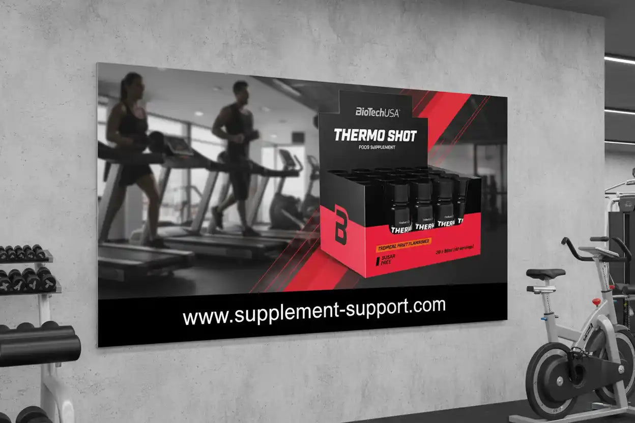 BiotechUSA Thermo Shot Fatburner im Fitnessstudio – tropischer Geschmack, zuckerfrei, ideal für Sportler