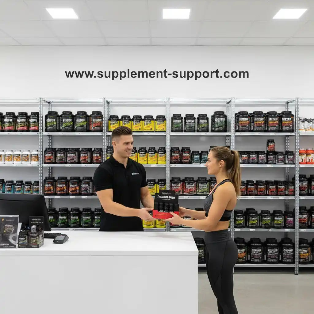 Mitarbeiter übergibt Nahrungsergänzungsmittel an Kundin im Fitness-Shop mit Regalen voller Sportnahrung