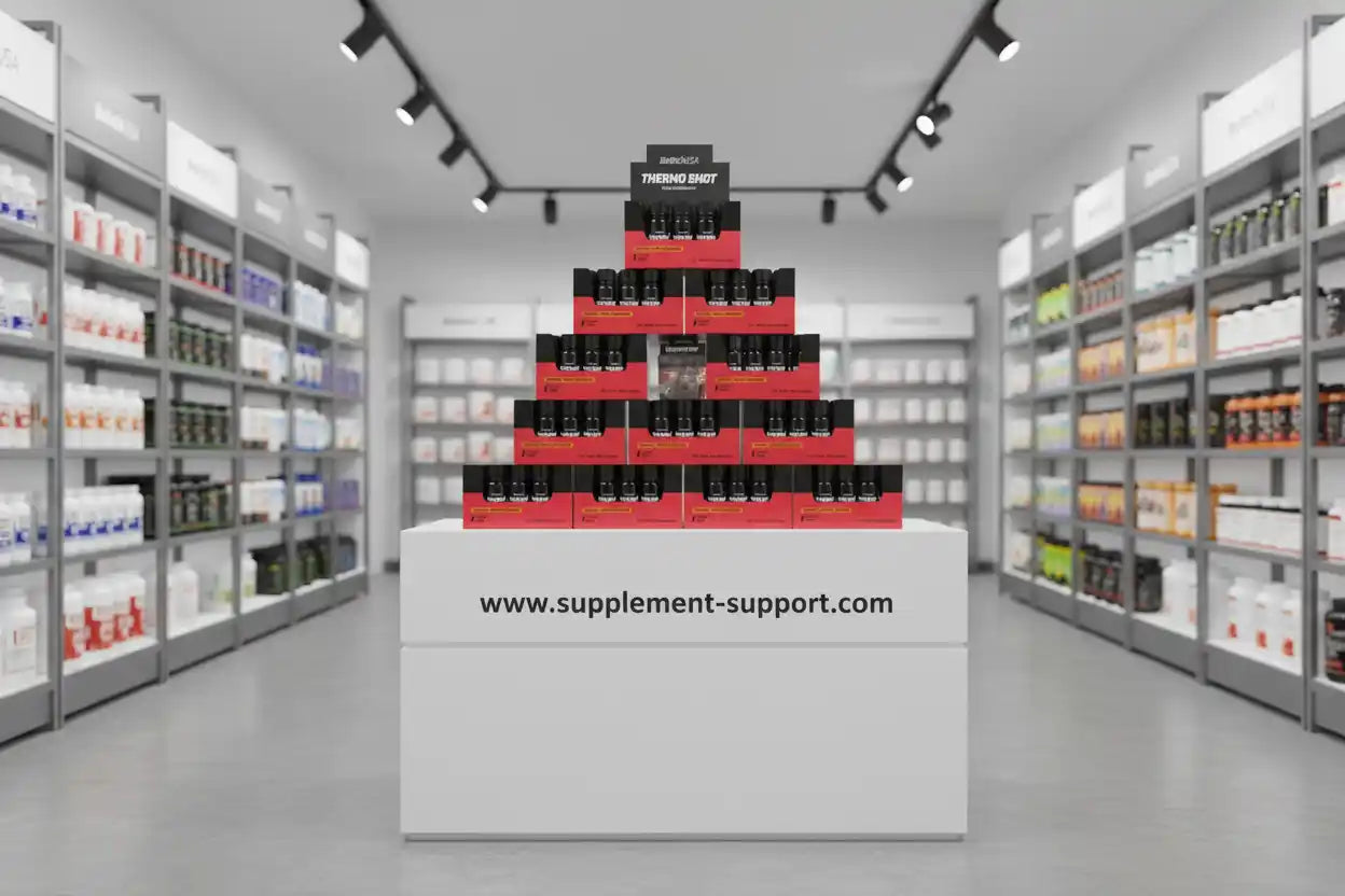 Thermo Shot Fatburner in roten Boxen auf Pyramiden-Display im Supplement-Shop