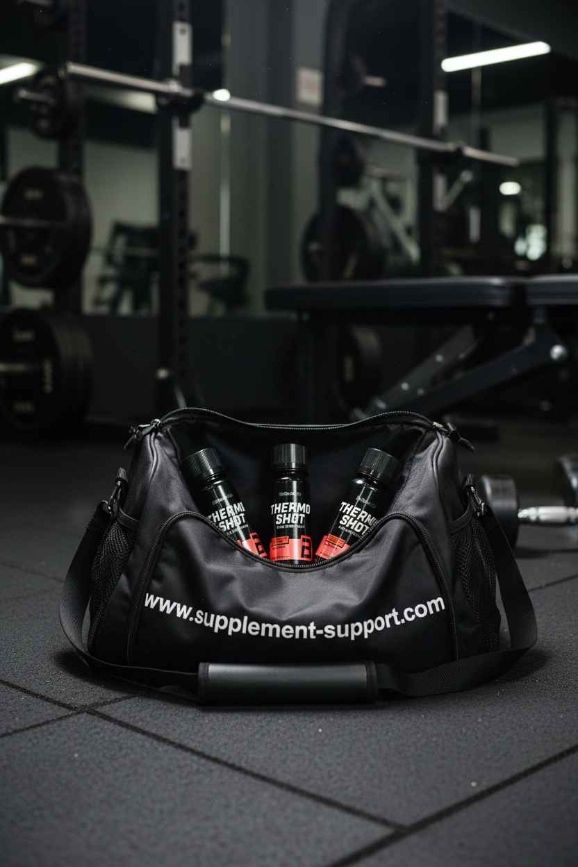 Schwarze Fitness-Tasche mit Thermo-Shot Flaschen im Gym, ideal für Sportler und Training