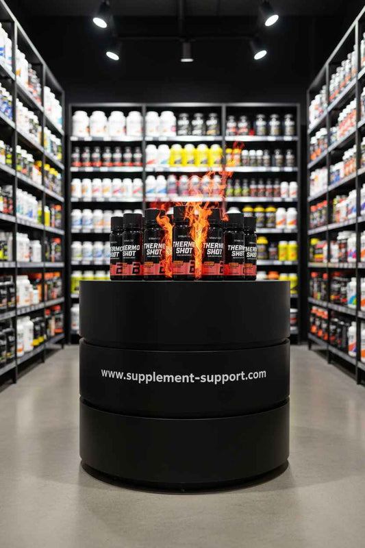 Thermo Shot Fatburner in Flammen auf Display im Supplement-Shop, ideal für Fitness und Sport