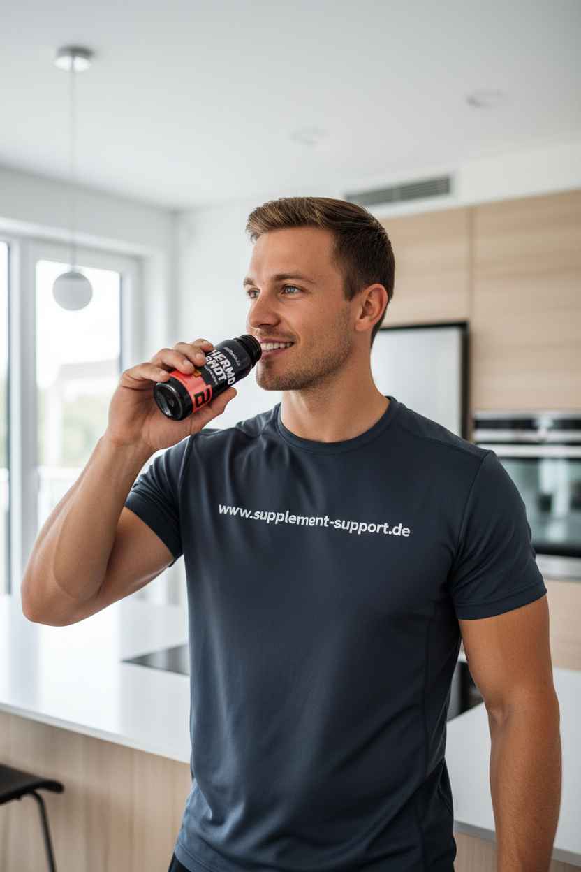Mann trinkt Thermogenetik-Supplement aus Berlin, ideal für Fitness und Sportler