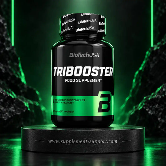BioTech USA Tribooster Nahrungsergänzungsmittel Dose auf dunklem Hintergrund mit grünem Licht