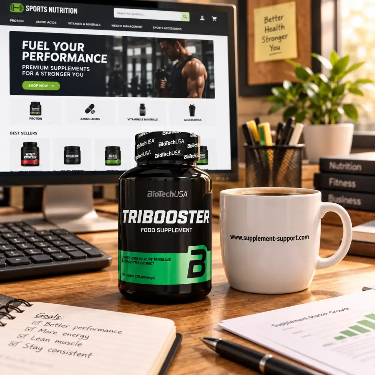 BioTech USA Tribooster Nahrungsergänzungsmittel auf einem Schreibtisch neben einem Laptop und Kaffee.