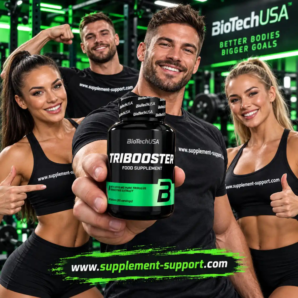 BioTech USA Tribooster Nahrungsergänzungsmittel präsentiert von Fitness-Athleten im Gym.