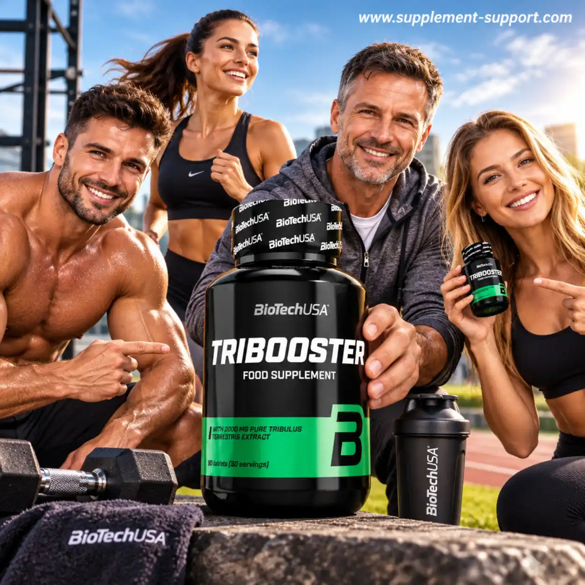 BioTech USA Tribooster Nahrungsergänzungsmittel mit drei fitten Sportlern im Hintergrund.