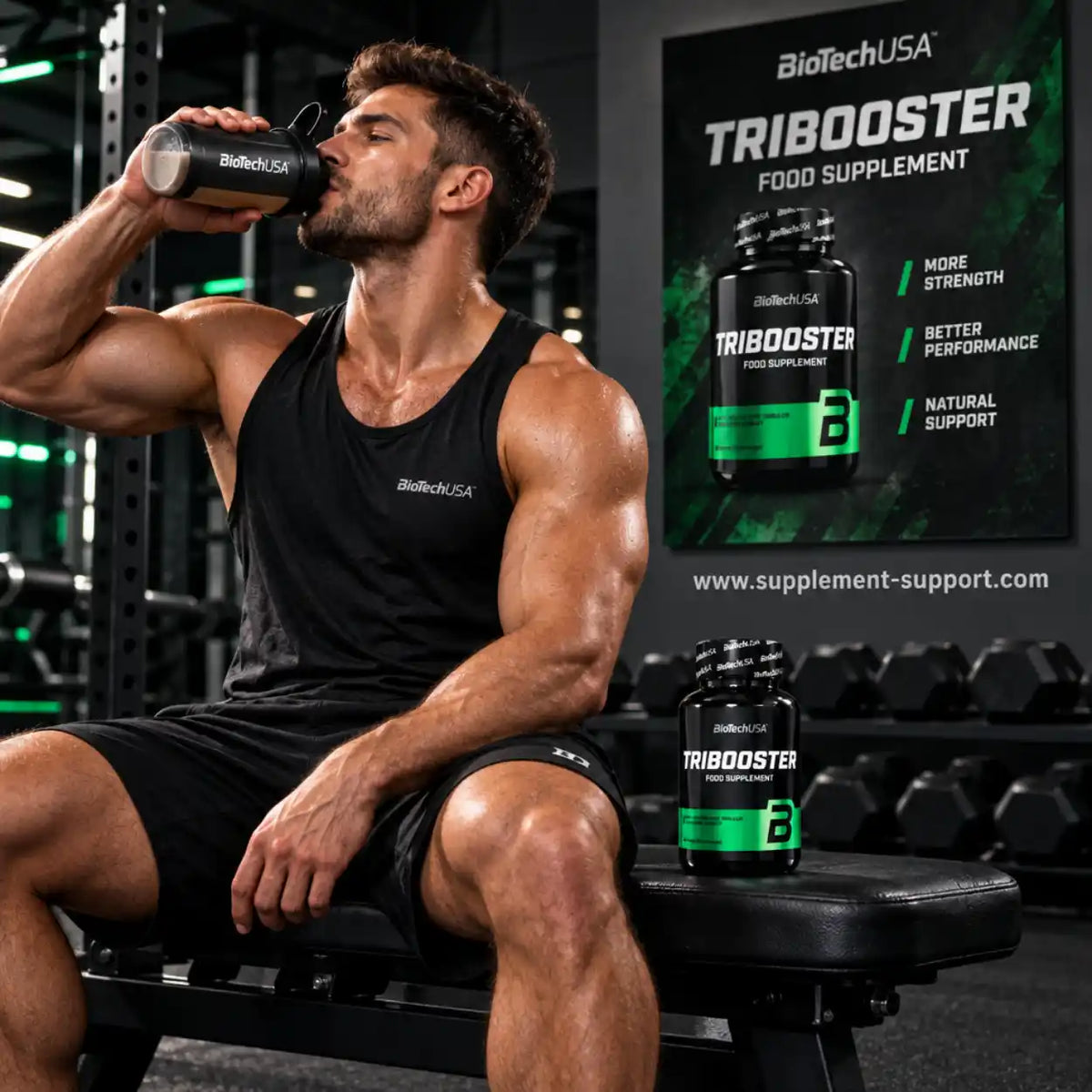 Muskulöser Mann im Fitnessstudio mit BioTech USA Tribooster Nahrungsergänzungsmittel.