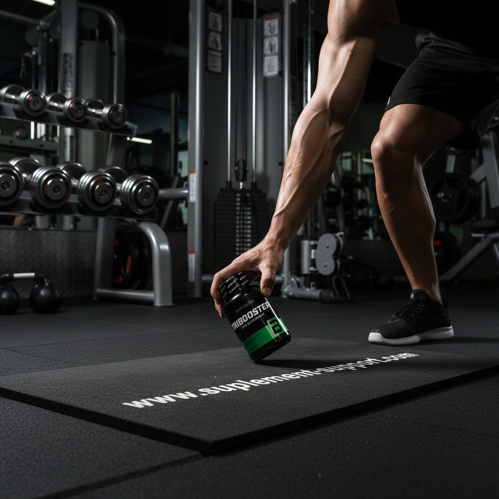 Sportler hält eine Dose Tribooster Nahrungsergänzungsmittel im Fitnessstudio.