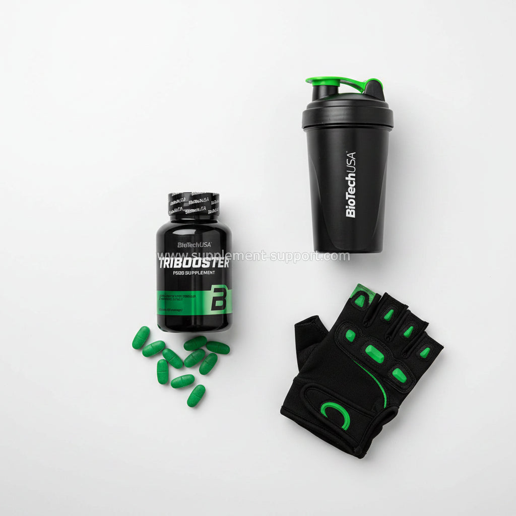 BiotechUSA Tribooster P600 Supplement mit Shaker und Fitnesshandschuhen für Sportler