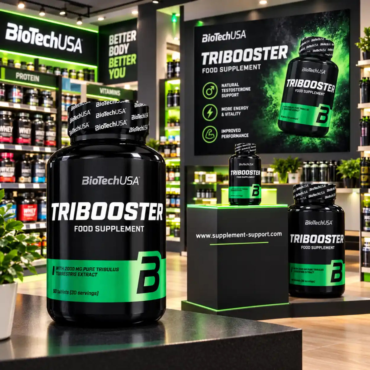 BioTech USA Tribooster Nahrungsergänzungsmittel in einem modernen Supplement-Store
