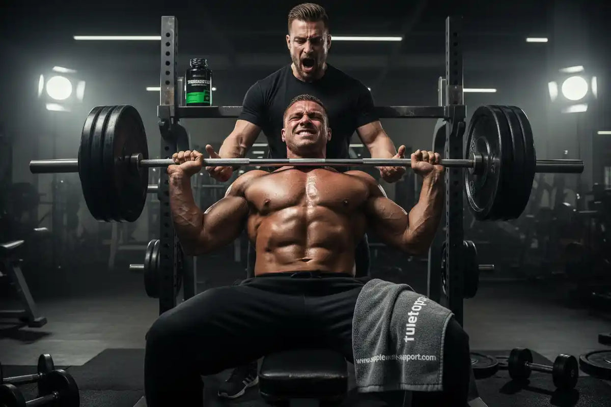 Muskulöser Mann beim Bankdrücken mit einem Trainer im Fitnessstudio