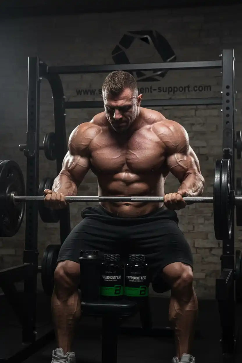 Muskulöser Bodybuilder beim Training mit einer Langhantel im Fitnessstudio.