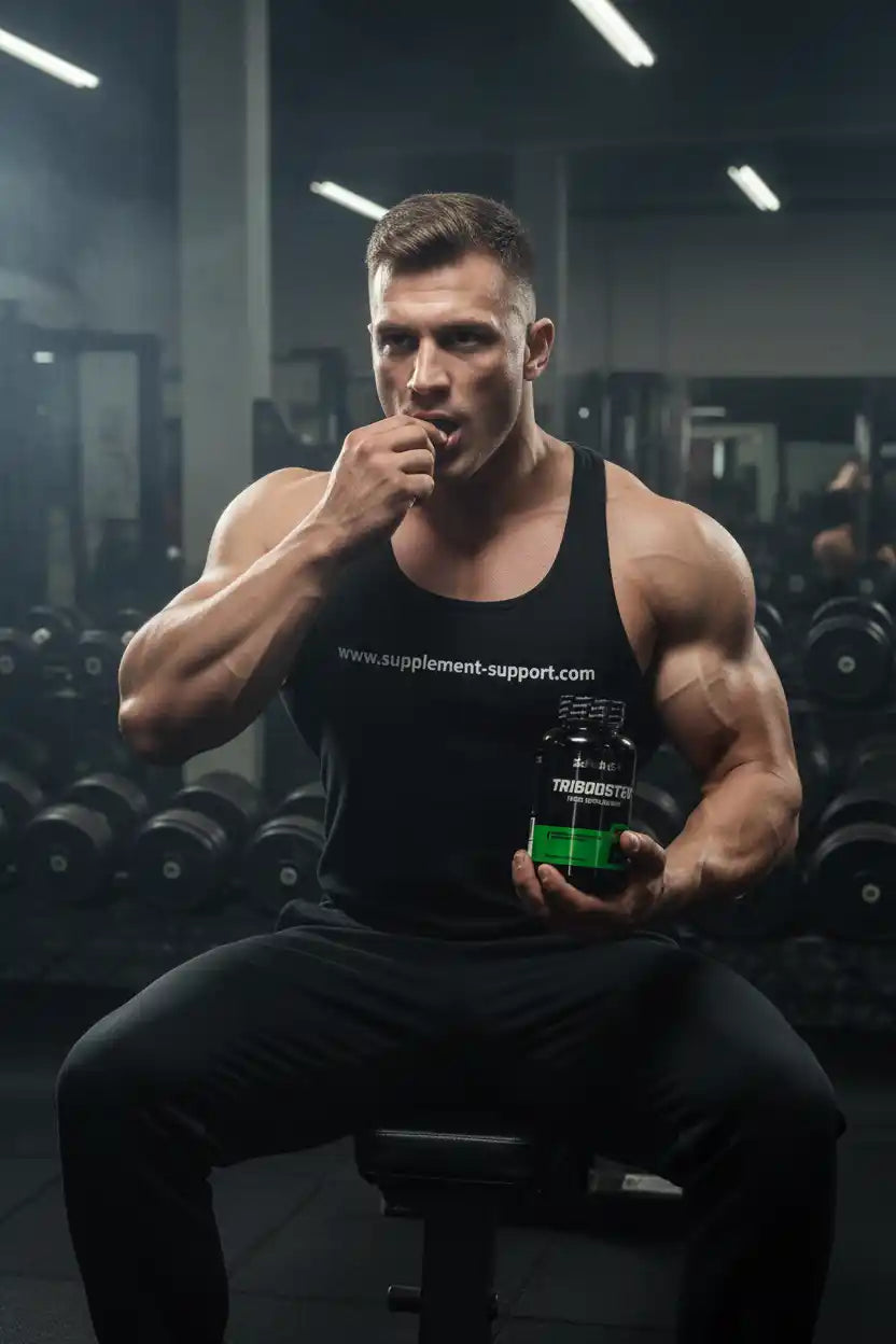 Muskulöser Mann im Fitnessstudio mit einer Dose Tribooster Nahrungsergänzung.