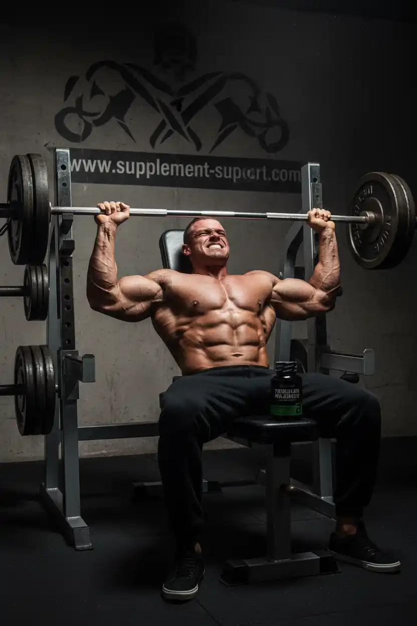 Muskulöser Bodybuilder beim Training mit Langhantel und Nahrungsergänzungsmittel im Fitnessstudio.