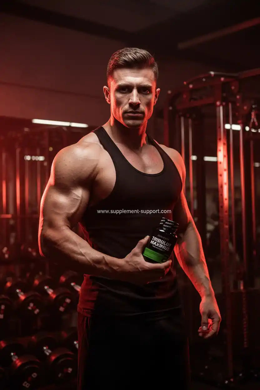Muskulöser Mann im Fitnessstudio hält eine Dose Tribulus Maximus Nahrungsergänzung.