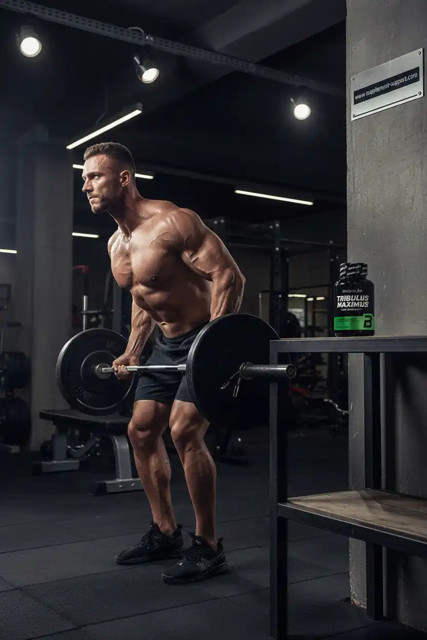 Muskulöser Mann trainiert mit Langhantel im Fitnessstudio neben einer Dose Tribulus Maximus.