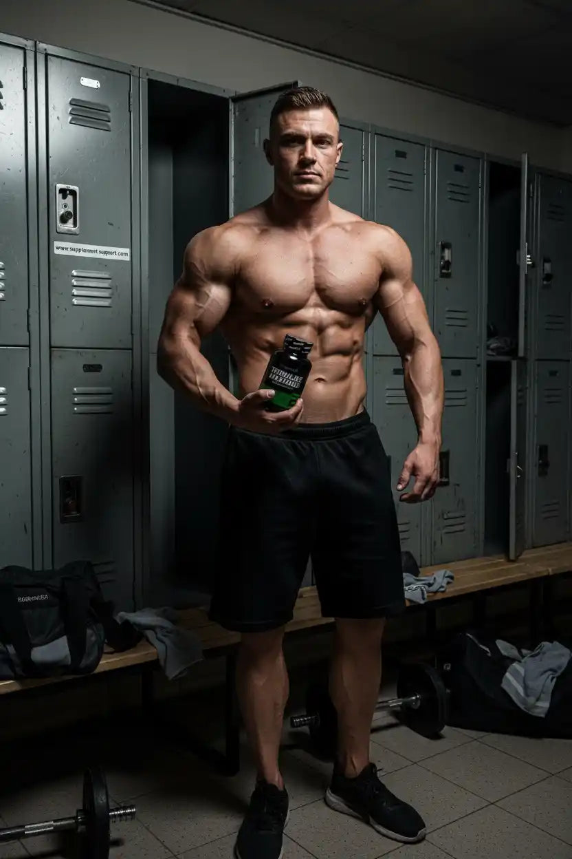 Muskulöser Mann in einem Spindraum hält eine Dose Sportnahrung in der Hand.
