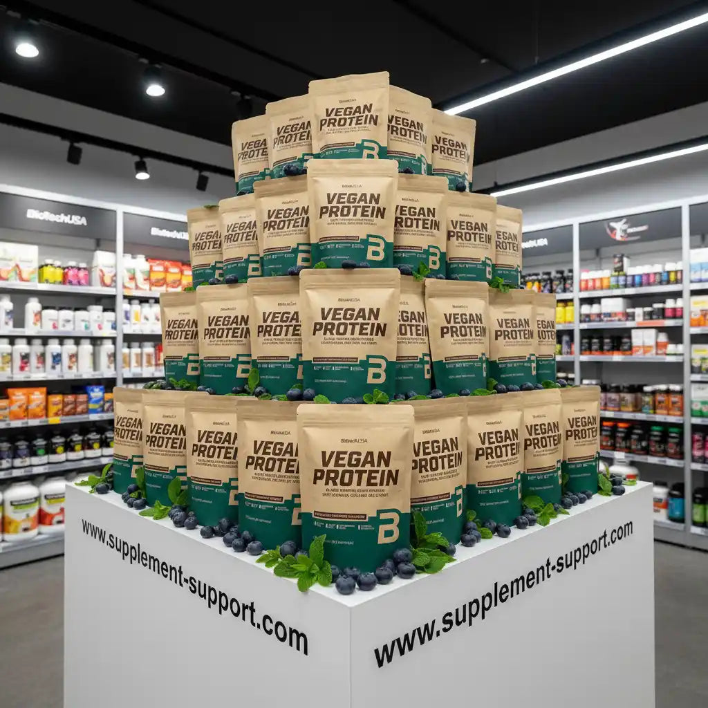Vegan Protein Pulver von BioTechUSA im Shopdisplay mit Heidelbeeren und Minze, ideal für Sportler und Fitness