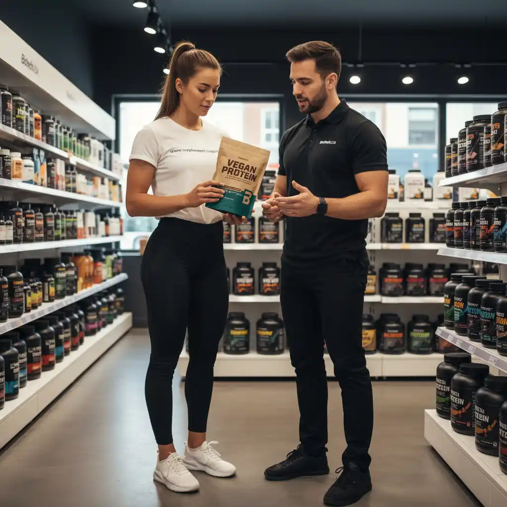 Frau und Mann betrachten Veganes Protein in Sportnahrung-Laden, ideal für Fitness und Training