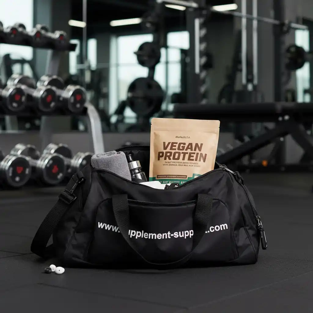 Vegan Protein Pulver in Sporttasche im Fitnessstudio – ideal für Fitness, Fußball & Laufen