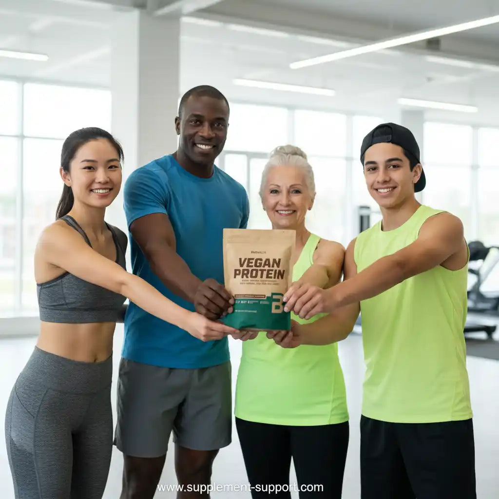 Gruppe mit Vegan Protein Pulver im Fitnessstudio – ideal für Sportler & Fitness-Enthusiasten