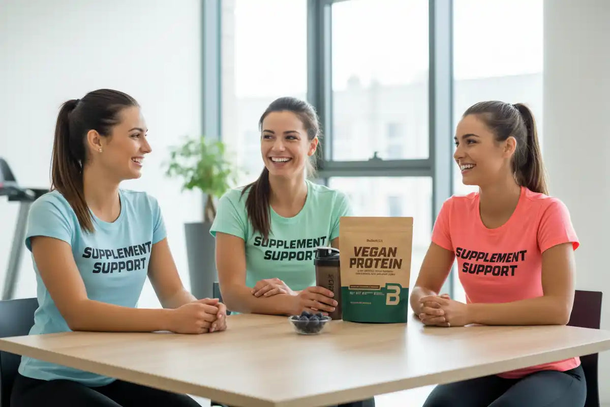 Drei Frauen mit Supplement Support Shirts und Vegan Protein Shake im Fitnessstudio