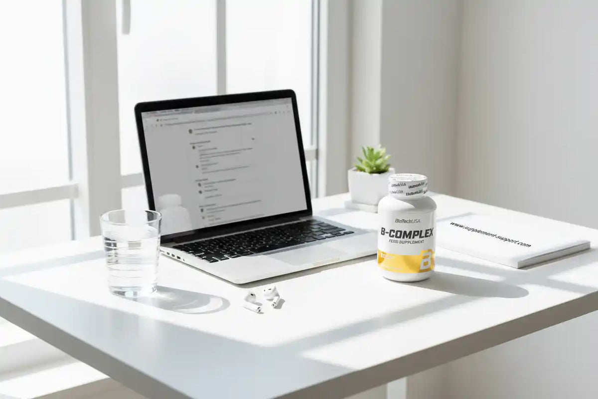 B-Complex Nahrungsergänzungsmittel auf weißem Schreibtisch neben Laptop und Wasser