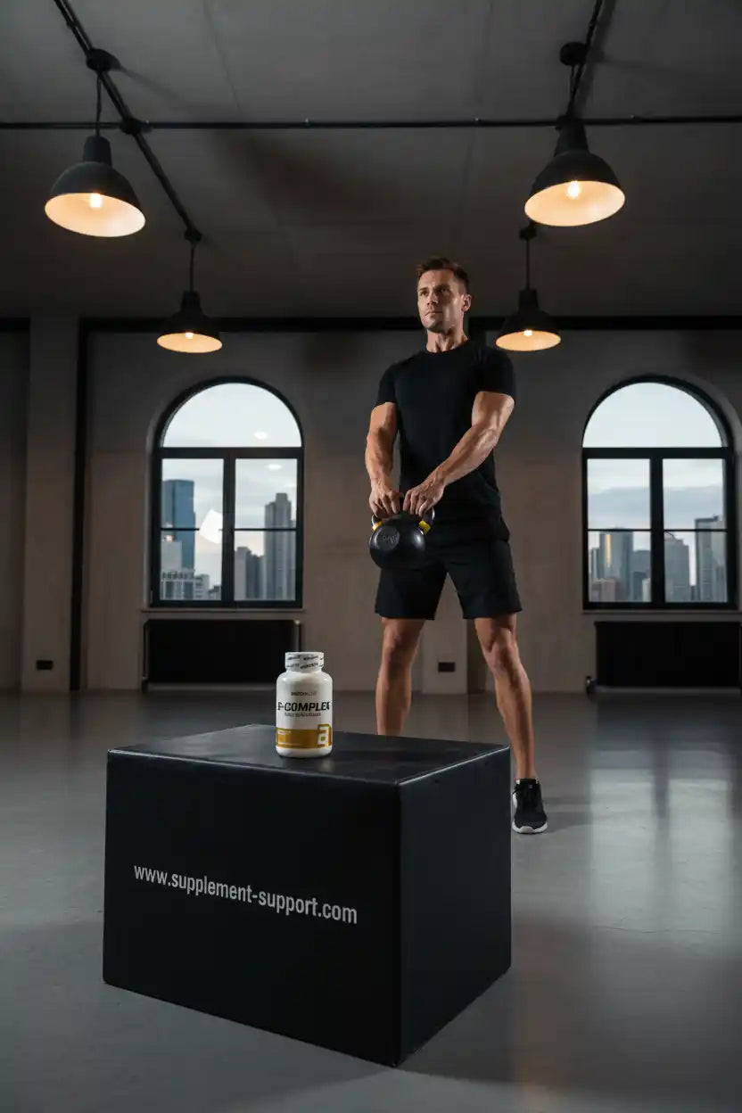 Muskulöser Mann mit Kettlebell und B-Complex Supplement in Fitnessstudio
