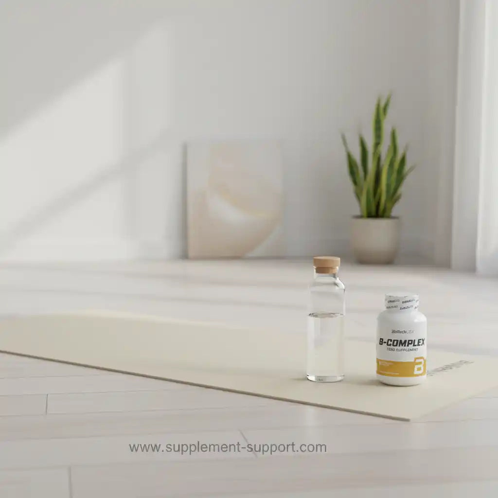 B-Complex Nahrungsergänzungsmittel und Wasserflasche auf Yogamatte für Fitness und Sport