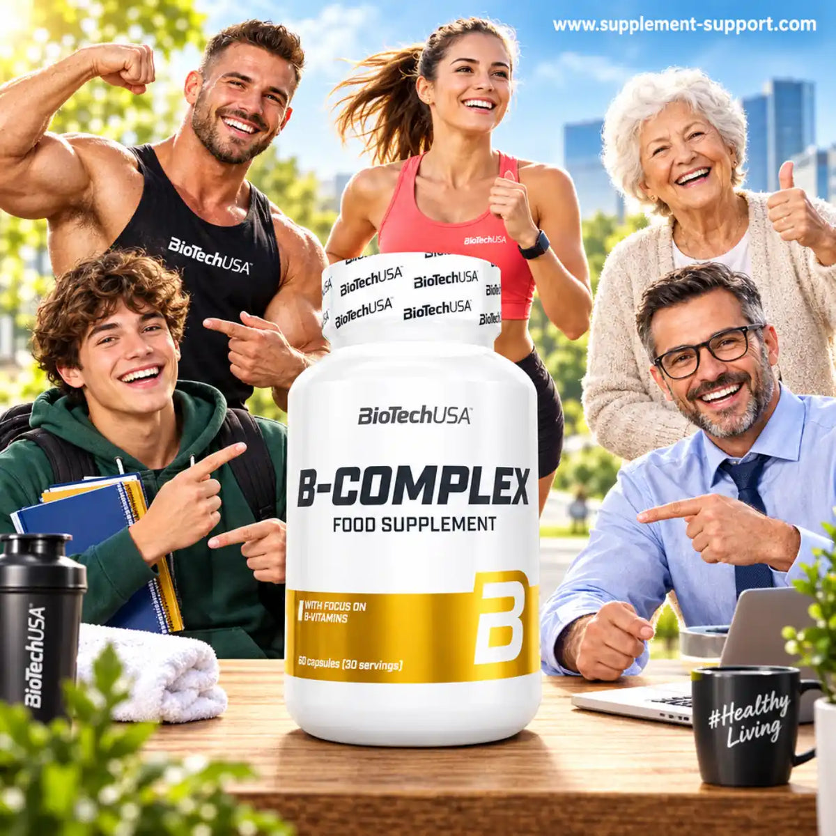 BioTech USA Vitamin B-Complex Nahrungsergänzungsmittel vor einer Gruppe aktiver Menschen.