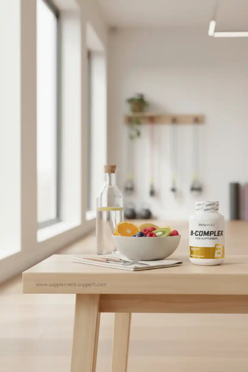 B-Complex Vitaminflasche mit Obstschale und Wasser auf Holztisch im Fitnessstudio