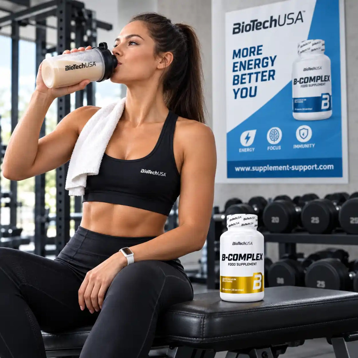 Sportlerin mit BioTech USA B-Complex Nahrungsergänzung im Fitnessstudio
