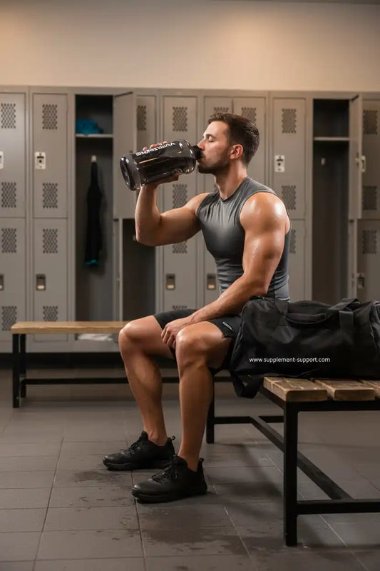 Muskulöser Mann trinkt aus Shaker in Umkleidekabine, Sportnahrung & Fitness-Training