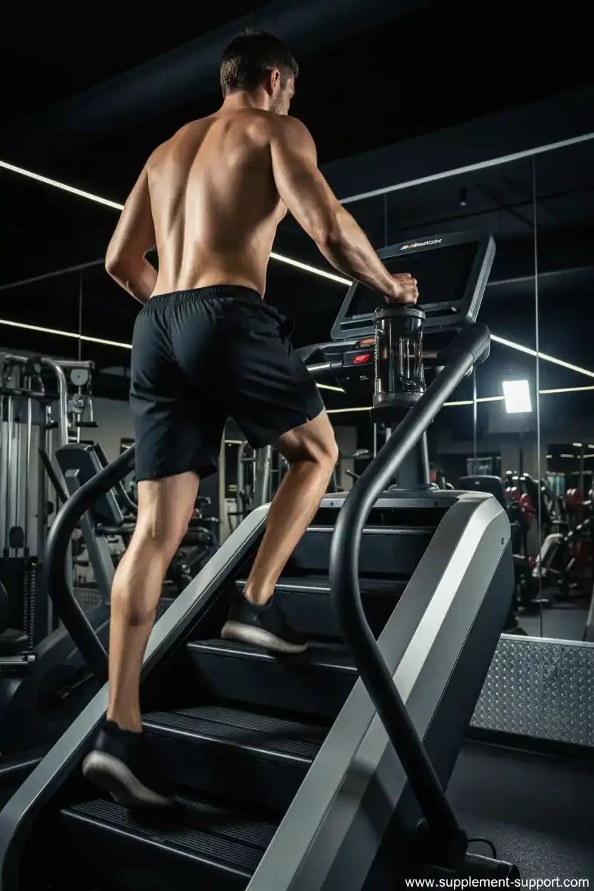 Muskulöser Mann trainiert auf Stepper im Fitnessstudio, ideal für Sportler und Fitnessbegeisterte