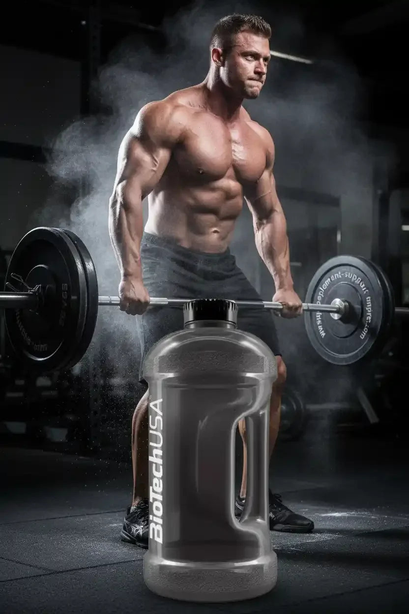 Muskulöser Athlet mit BiotechUSA Trinkflasche im Fitnessstudio, Gewichtheben, Sportnahrung, Nahrungsergänzung