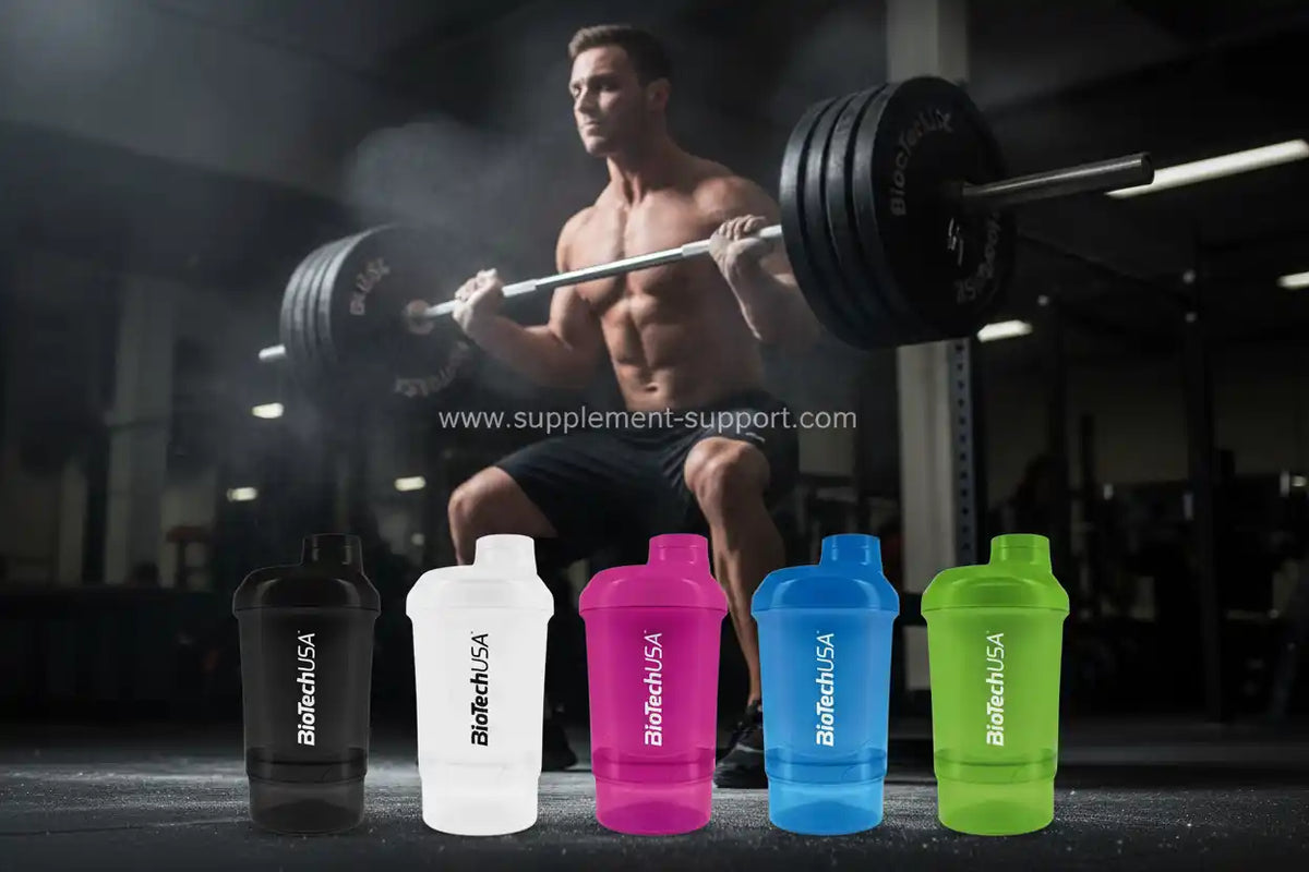BiotechUSA Shaker in fünf Farben vor Muskelmann mit Hantel im Fitnessstudio