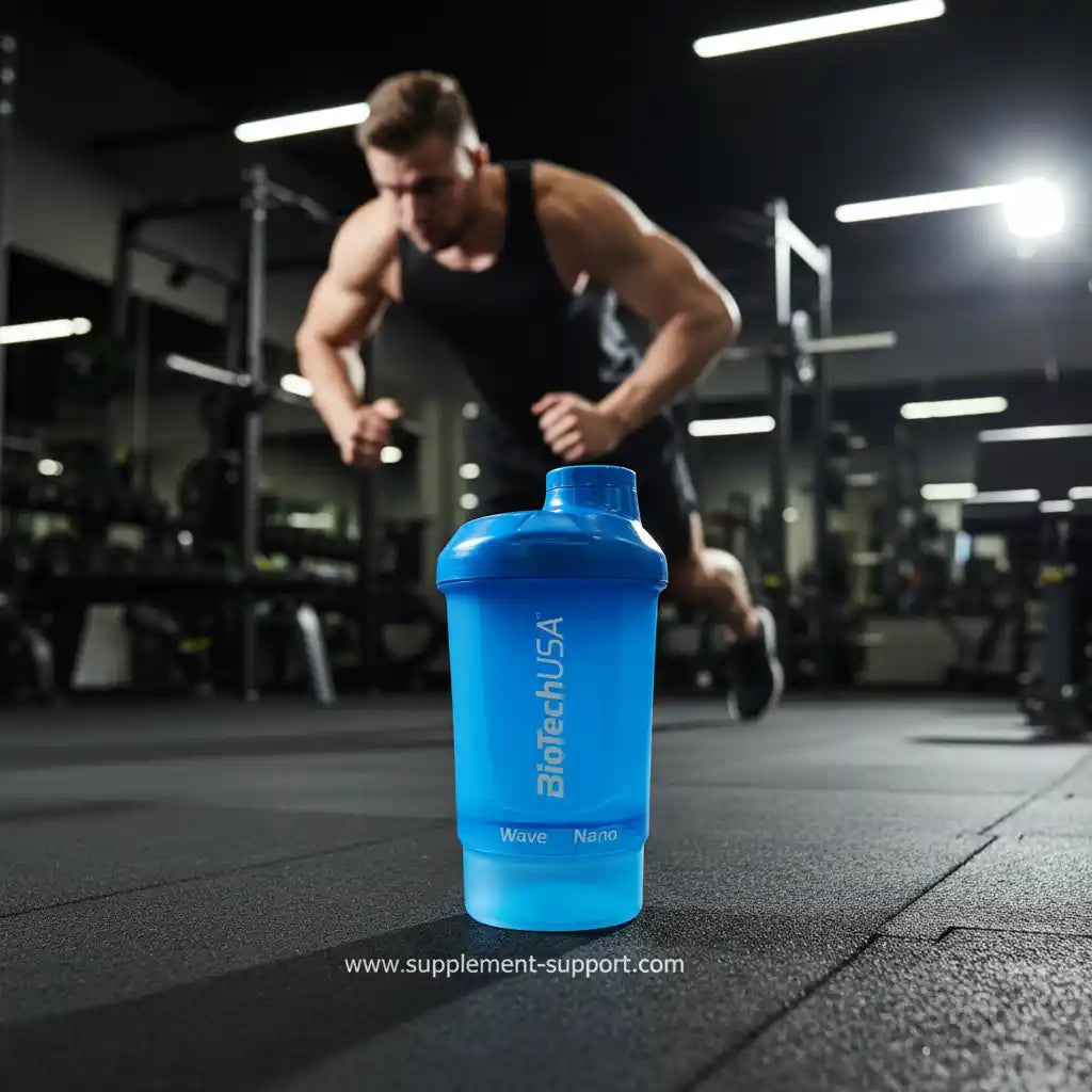 Blauer BioTechUSA Shaker im Fitnessstudio vor trainierendem Sportler – ideal für Protein-Shakes und Sportnahrung