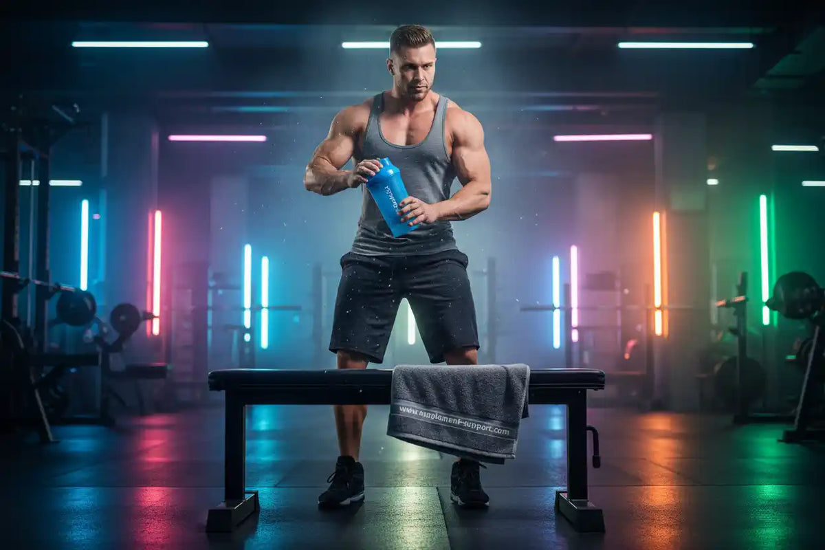 Muskulöser Mann mit Shaker in modernem Fitnessstudio, ideal für Sportler und Fitness-Enthusiasten