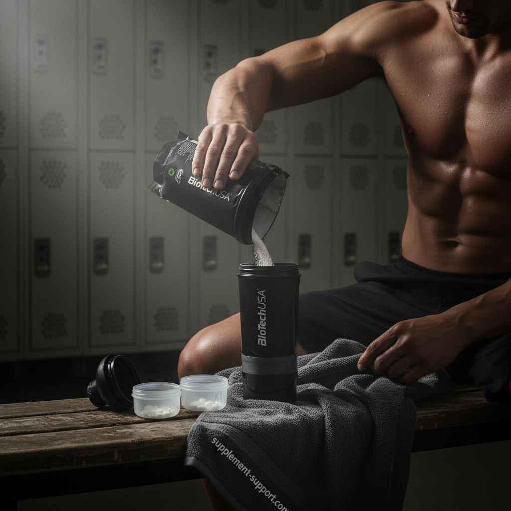 Muskulöser Mann gießt BiotechUSA Proteinpulver in Shaker im Fitnessstudio