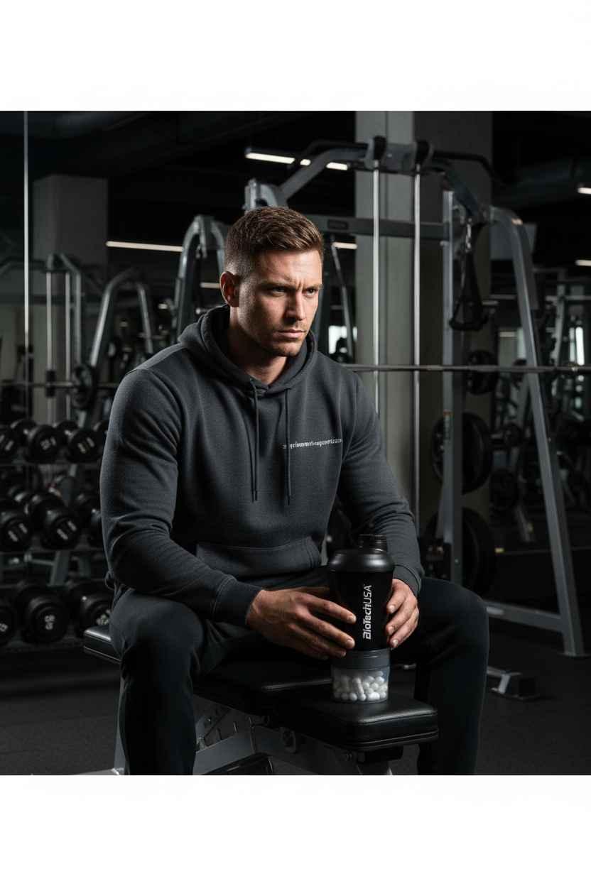 Mann im Fitnessstudio mit Nahrungsergänzungsmitteln und Shaker