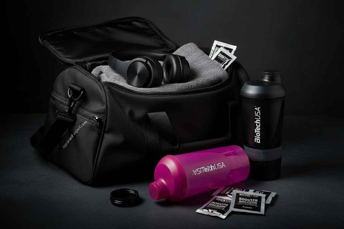Fitness-Set mit Sporttasche, Shaker und Nahrungsergänzungsmitteln für Athleten