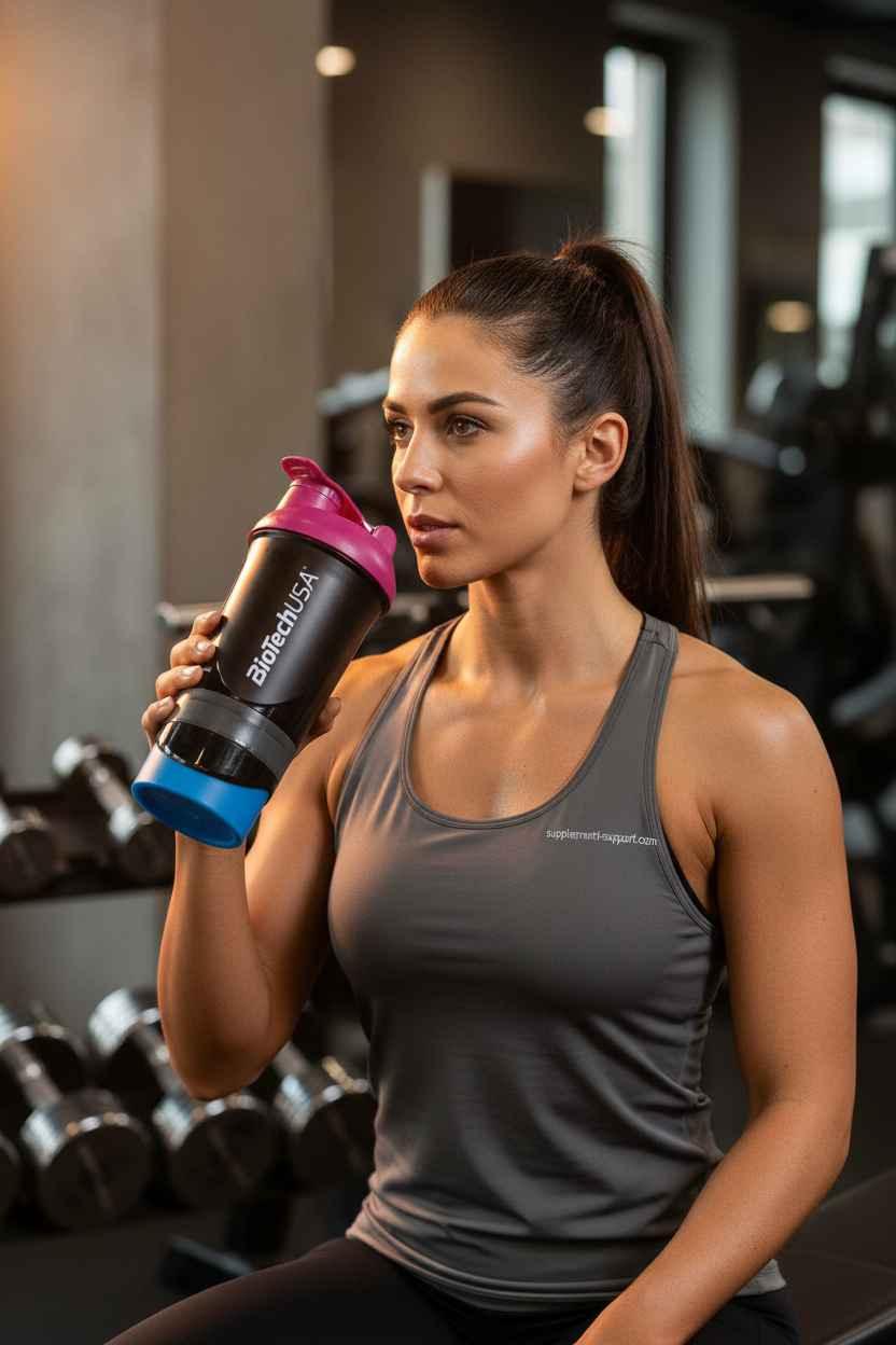 Frau im Fitnessstudio mit BioTechUSA Shaker für Sportnahrung und Nahrungsergänzung