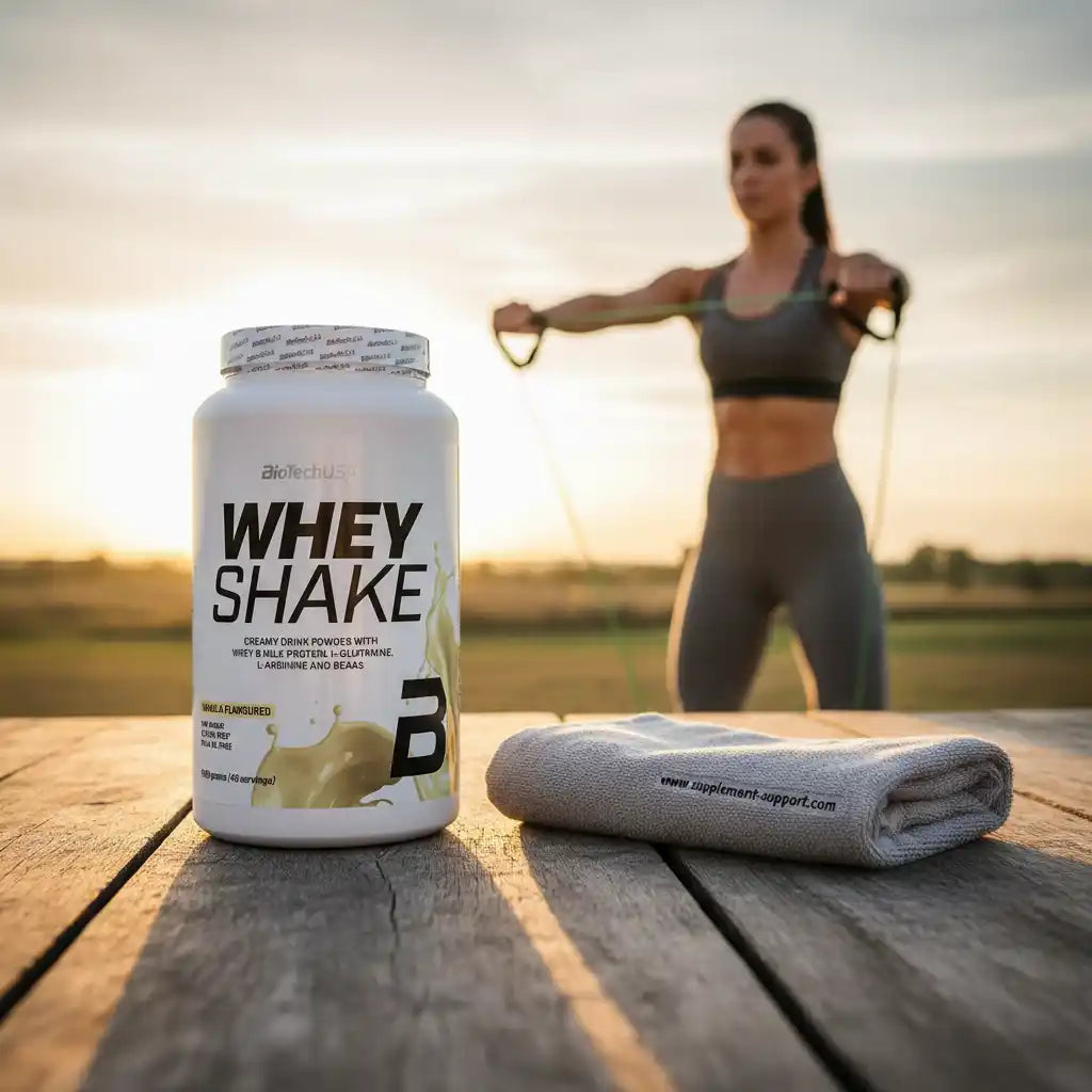 Whey Shake Proteinpulver mit Frau beim Training im Freien