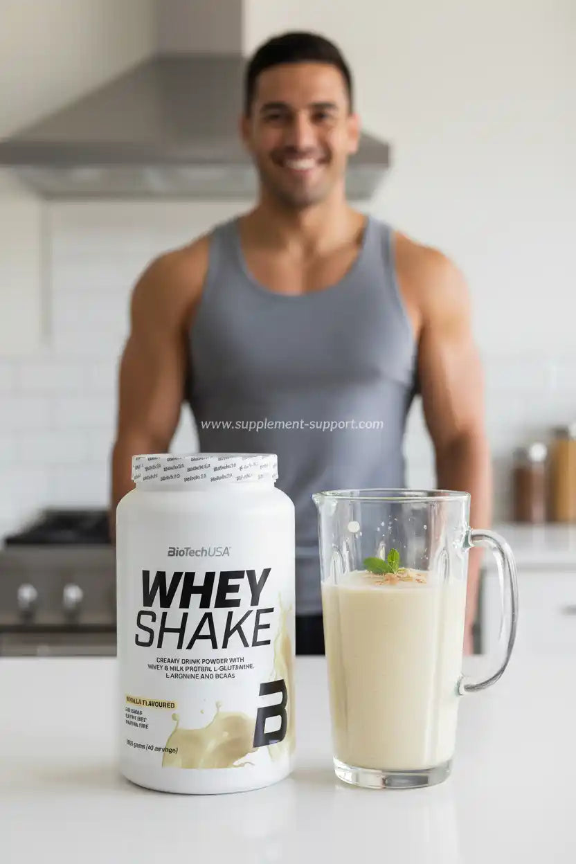 Whey Shake Proteinpulver Vanille mit zubereitetem Shake, ideal für Sportler und Fitness