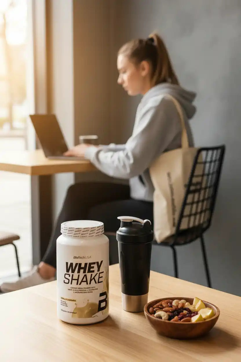 Whey Shake Proteinpulver mit Shaker und Nussmischung für Sportler