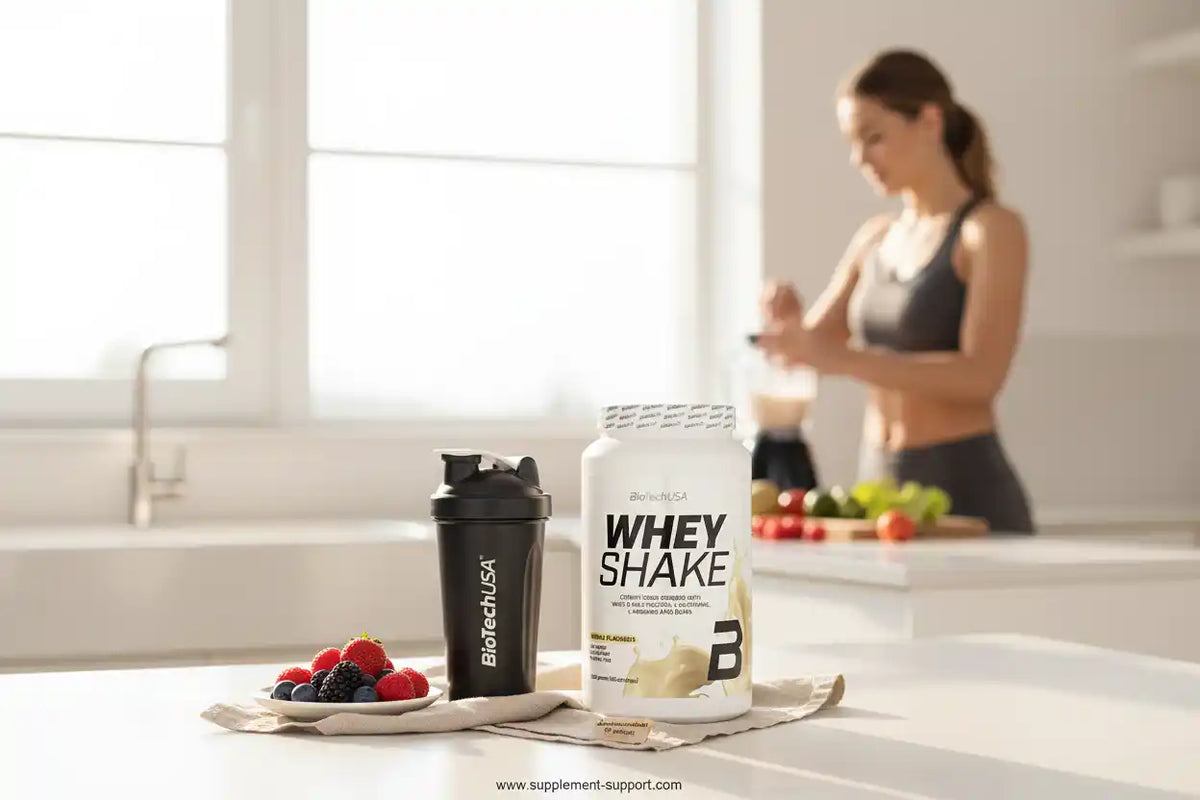 Whey Shake Proteinpulver von BioTechUSA mit Shaker und Beeren, ideal für Sportler und Fitness